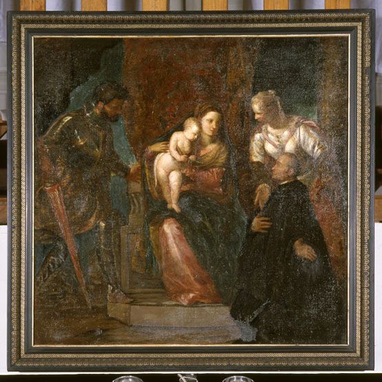 tableau : Vierge à l'Enfant entre sainte Justine et saint Georges avec un bénédictin