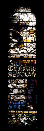 Ensemble des trois verrières de l'abside : Apparitions du Christ et scènes de la Genèse
