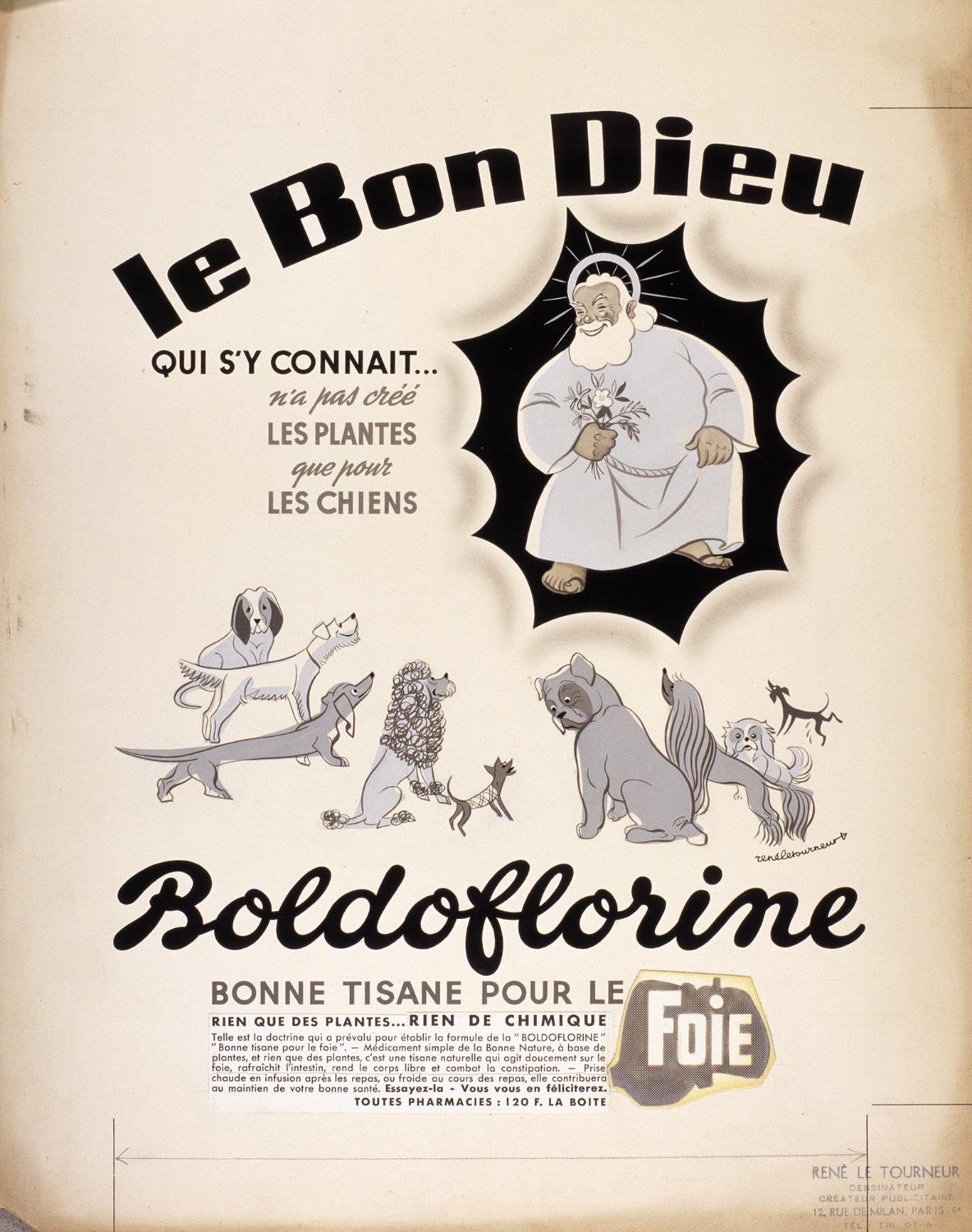 affiches, documents publicitaires divers et emballages pour les tisanes Boldoflorine, Calmiflorine et Saliflorine