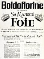 Publicité parue dans l'Illustré (journal suisse) le 10 septembre 1964 ""Boldoflorine au service de sa majesté le foie"". Coll. Fouché.