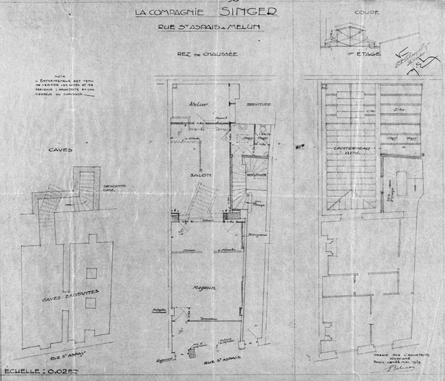 l'habitat à Melun, Plan du rez-de-chaussée, sous-sol et premier étage,  coupe de l'immeuble, 8 rue Saint-Aspais. Tirage d'architecte, 1929 (8 mai).  (AM Melun. 1 Fi 969) (IVR11_20047700306NUC) - Inventaire Général du  Patrimoine