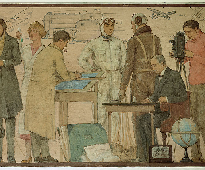 Ensemble de peintures ""l'Enseignement littéraire"", l'Enseignement scientifique et technique"", ""Les tentatives humaines aboutissant à l'aviation actuelle