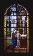 Vue d'ensemble de la baie 4 : une reine (sainte Clotilde ?) et sa fille priant dans une église.