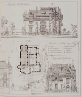 Façades postérieure et latérale, plan du premier étage. Plan et élévations. Tiré de : La Construction moderne, 1891-1892. (BHVP, Per F° 303)