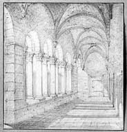 Vue intérieure de la galerie du cloître. Dessin, 19e siècle. (Musée municipal de Melun. Inv. 970.7.324)