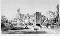 Meaux : vue de la cathédrale Saint-Etienne". Le moulin David, la Marne et la ville. Dessin. (BNF. Département des estampes, TopoVa Seine-et-Marne, H 156194)