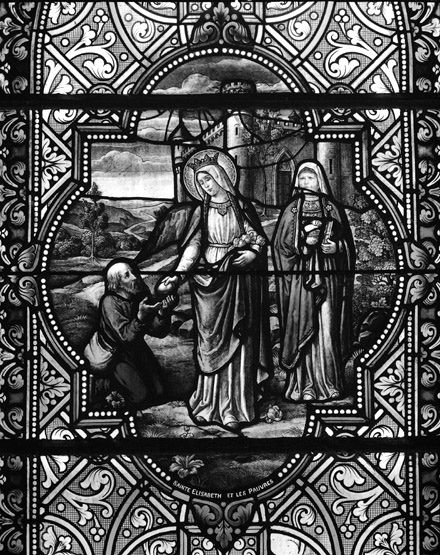 9 verrières : Sainte Famille, saint Augustin et sainte Monique, baptême de saint Romain par saint Laurent, Cène, martyre de saint Saturnin, saint Louis rendant la justice, sainte Elisabeth faisant l'aumône, saint Guillaume archevêque de Bourges, saint Vincent de Paul (baies 7, 9, 11, 12, 14, 16, 18, 20, 22)