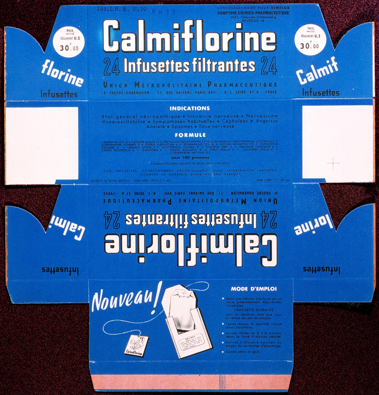 affiches, documents publicitaires divers et emballages pour les tisanes Boldoflorine, Calmiflorine et Saliflorine