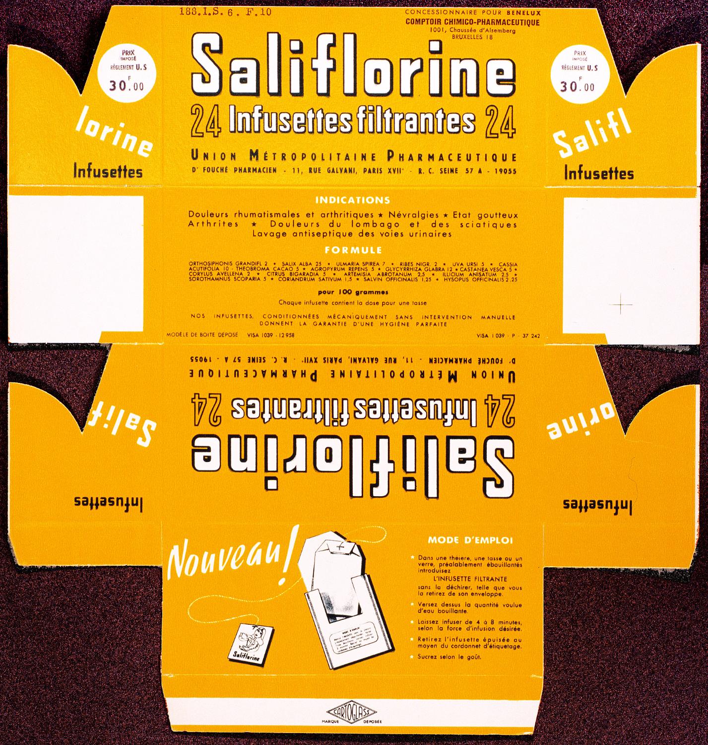 affiches, documents publicitaires divers et emballages pour les tisanes Boldoflorine, Calmiflorine et Saliflorine