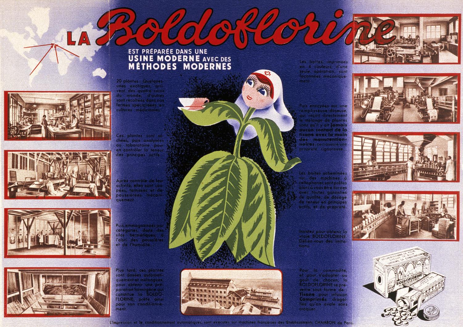 affiches, documents publicitaires divers et emballages pour les tisanes Boldoflorine, Calmiflorine et Saliflorine