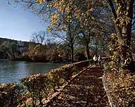 Vue de la Marne et de la promenade piétonne longeant la rive avec joggers.