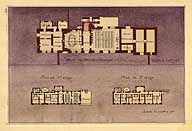 Plan du rez-de-chaussée et des étages en 1899. Plan aquarellé.  Tiré de : Monographie de l'instituteur. (AD Yvelines).