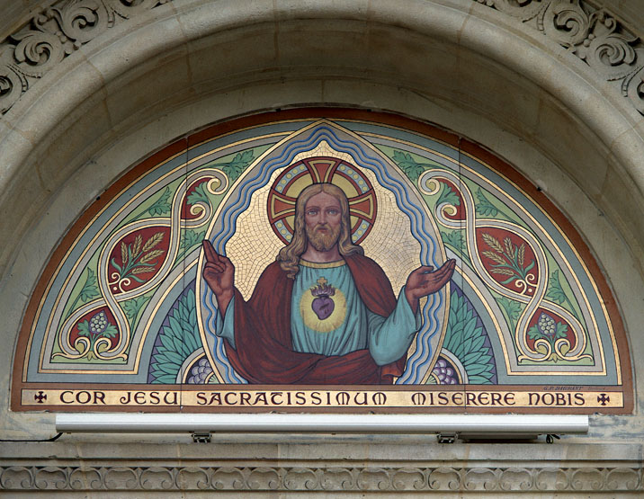 revêtement mural, décor de l'élévation extérieure : Christ, Joseph, Vierge, saint et saintes