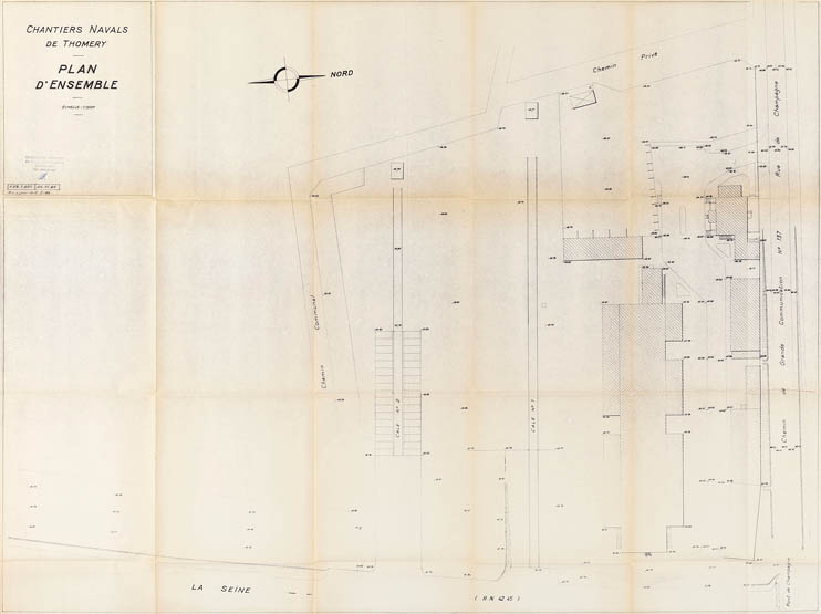 Thomery - Usine de construction navale des anciens établissements L. Tessier, appelée "Chantier naval du Pont de Champagne", puis de la "Société des Chantiers navals de Thomery", puis Morillon-Corvol, puis "Chantier naval du Confluent G. Thalamas