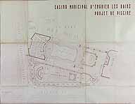 Plan masse du projet de 1957. Sur le projet final exécuté, l'auditorium de la piscine sera édifié à la place des tennis proposés dans cette version. (AM Enghien-les-Bains, M110)