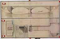 Projet d'un pont à construire à Mantes sur le bras de la Seine du côté de Limay, par Perronet, 1766. Dessin, 3e quart 18e siècle. (AN, F/14 10206 3 dossier 9). On aperçoit les deux arches caractéristiques du Pont du côté de Limay, achevé en 1765.