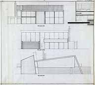Projet de Claude Parent : élévations des façades sud, nord, est, 1963. (Institut français d'architecture, Fonds Parent Claude, PARCL-B-63-01)