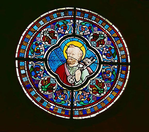 6 verrières (verrière figurée décorative, rondel) : saint Pierre, saint Paul, saint Matthieu, saint Jean, saint Luc, saint Marc (baies 101 à 106)