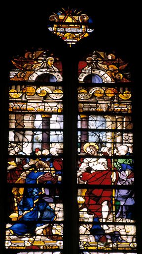 Ensemble des trois verrières de l'abside : Apparitions du Christ et scènes de la Genèse