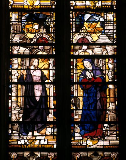 Ensemble des trois verrières de l'abside : Apparitions du Christ et scènes de la Genèse