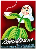 Publicité pour la tisane Boldoflorine représentant une infirmière au corps formé d'une plante tenant une tasse de tisane (fond rouge).