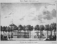 Vue du premier établissement thermal d'Enghien prise depuis l'intérieur des jardins. Lithographie, vers 1821. (BNF, Département des estampes, Topo Va, Fol. Tome III, Val d'Oise, B16378)