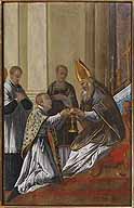 Huile sur bois représentant "Saint Martin ordonné prêtre" (75x52 cm), l'un des quatre panneaux de Jean Senelle consacrés à la vie de saint Martin. Cet ensemble, provenant de la cathédrale de Meaux, est aujourd'hui conservé au musée Bossuet.
