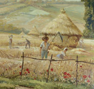 Ensemble de 3 peintures monumentales dans la salle des mariages : La promenade des fiancés, 1917. Détail. Maton-Wicart (peintre).