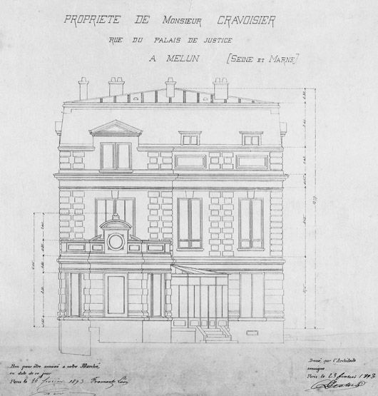 maison de maître, aujourd'hui chambre de commerce et d'industrie, Propriété  de M. Cravoisier, rue du Palais de Justice : élevation sud. Papier, 1893.  (AM Melun. 1 Fi 1371) (IVR11_20047700361NUC) - Inventaire Général