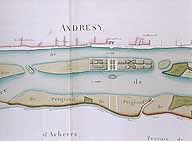 Plan des îles et îlots faisant partie de la seigneurie d'Andrésy (partie centrale) - Plan du jardin dans l'île de Devant et de la perspective sur l'île Pergrand. Dessin plume aquarellé. (AN, N III Seine-et-Oise 43).