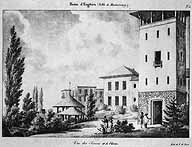 Vue des sources et de ""l'usine"" des bains d'Enghien : au premier plan figure la tour réservoir dans sa première version. Lithographie, vers 1821. (BNF, Département des estampes, Topo Va, Fol. Tome III, Val d'Oise, B16379)
