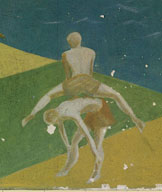 Peinture murale pour le préau des garçons : les sports masculins (détail), réalisée par  René Grégoire en 1957-1958.