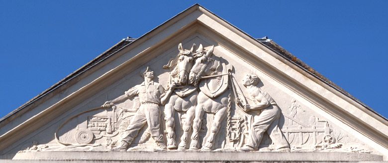 ensemble de 4 bas-reliefs : la Moisson, les Labours, Loisirs en forêt, Hallali