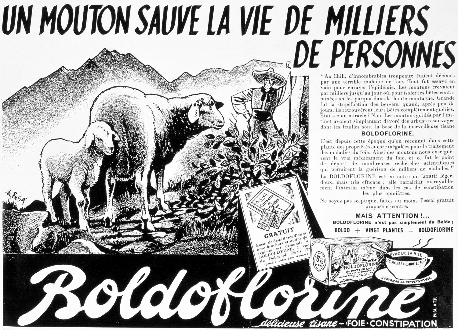 affiches, documents publicitaires divers et emballages pour les tisanes Boldoflorine, Calmiflorine et Saliflorine