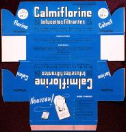 Boite pour 24 infusettes filtrantes de calmiflorine. Fabrication pour le Benelux, texte en français. Coll. Fouché.