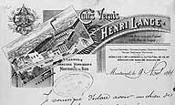 Vue générale de l'usine de cuirs vernis Lange, successeurs de Durand-Roche, rue Armand Carrel, vers 1890. papier à en-tête. (AD Seine-Saint-Denis. B NB 111/6)