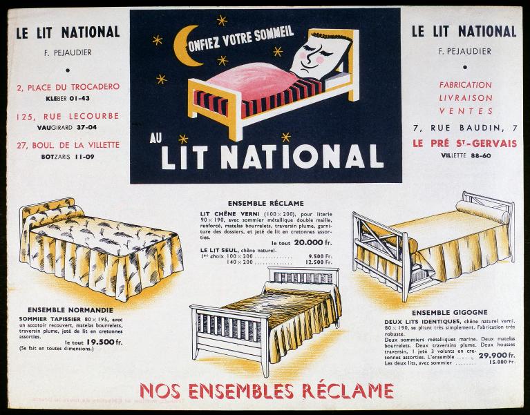 Usine de meubles (usine de literie) appelée Le Lit National, "Confiez votre  sommeil au Lit National", illustration par Auriac. Affichette publicitaire,  22 x 27 cm, sans date (v. 1955-1957). (Collection Péjaudier).  (IVR11_20049300340XAB) -