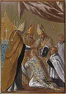 Huile sur bois représentant "Saint Martin sacré évêque" (75x52 cm), l'un des quatre panneaux de Jean Senelle consacrés à la vie de saint Martin. Cet ensemble, provenant de la cathédrale de Meaux, est aujourd'hui conservé au musée Bossuet.