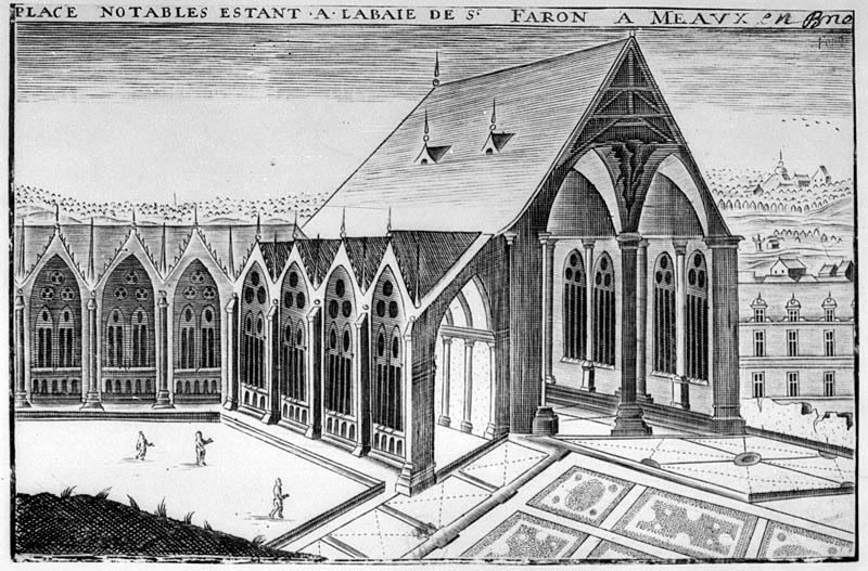 Place notables estant à l'abaie de St Faron à Meaux en Brie" : gravure du début du XVIIe siècle représentant le cloître de l'abbaye, avec le logis abbatial à l'arrière-plan à droite. Gravure. (BNF. Département des estampes, TopoVa Seine-et-Marne, H 156275)