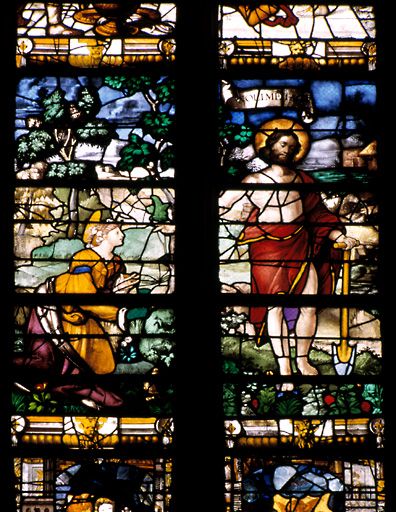 Ensemble des trois verrières de l'abside : Apparitions du Christ et scènes de la Genèse