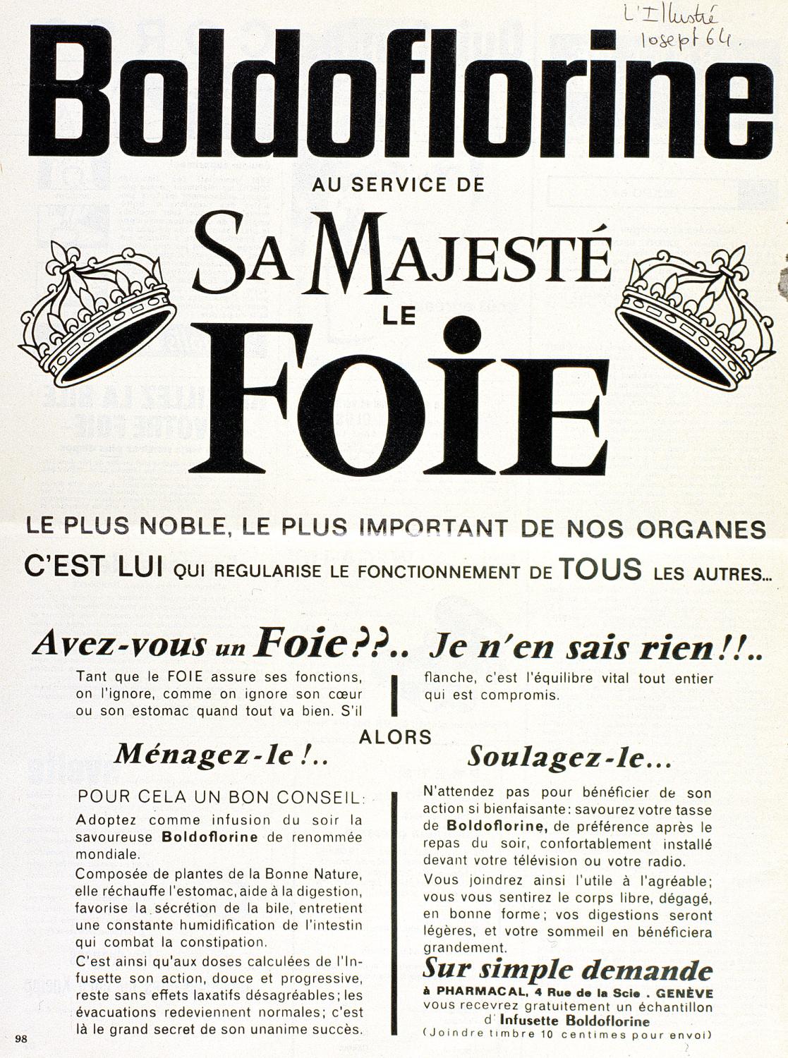 affiches, documents publicitaires divers et emballages pour les tisanes Boldoflorine, Calmiflorine et Saliflorine