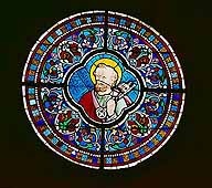 6 verrières (verrière figurée décorative, rondel) : saint Pierre, saint Paul, saint Matthieu, saint Jean, saint Luc, saint Marc (baies 101 à 106)