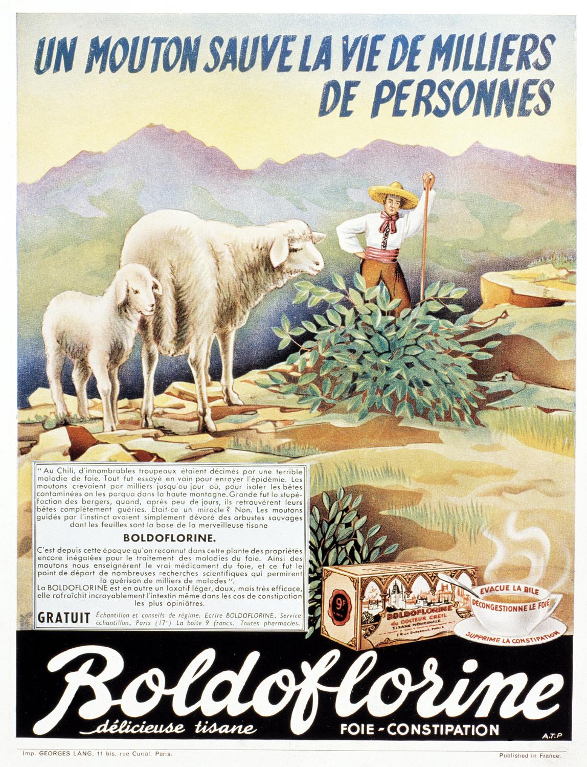 affiches, documents publicitaires divers et emballages pour les tisanes Boldoflorine, Calmiflorine et Saliflorine