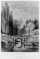 Ancien pont Marat, à l'embouchure de l'Almont. il avait été construit en l'an II de la République et fut remplacé en 1842 (annotation de G. Leroy). Fusain et estompe sur papier. (Musée municipal de Melun. inv. 970.7.244)