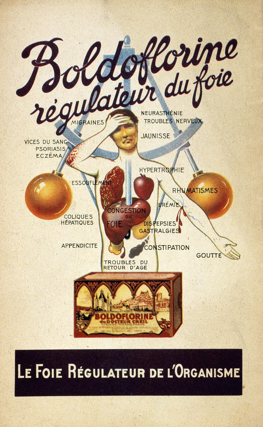 affiches, documents publicitaires divers et emballages pour les tisanes Boldoflorine, Calmiflorine et Saliflorine